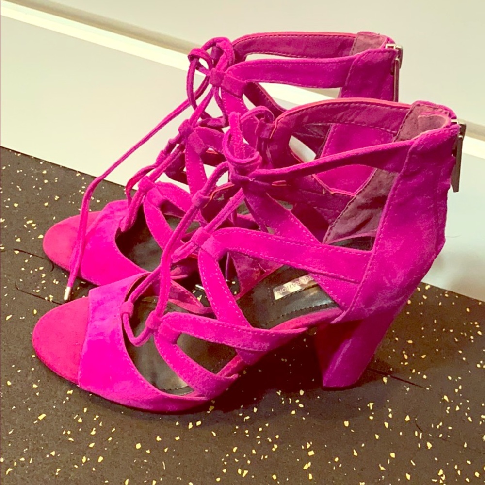 Fuchsia suede lace up heels